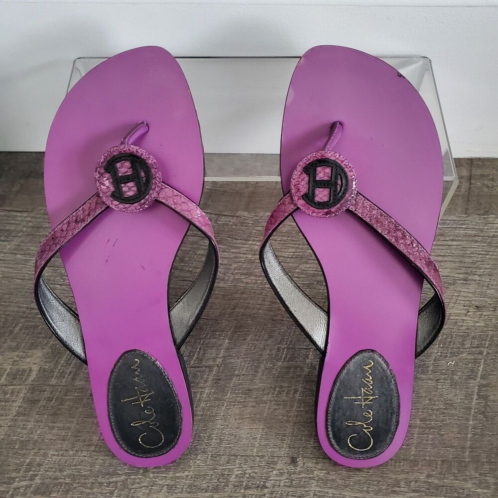 Cole Haan Women's Sandals Size 6.5B Purple Black Leather Animal Print Logo Flats - Picture 2 of 9